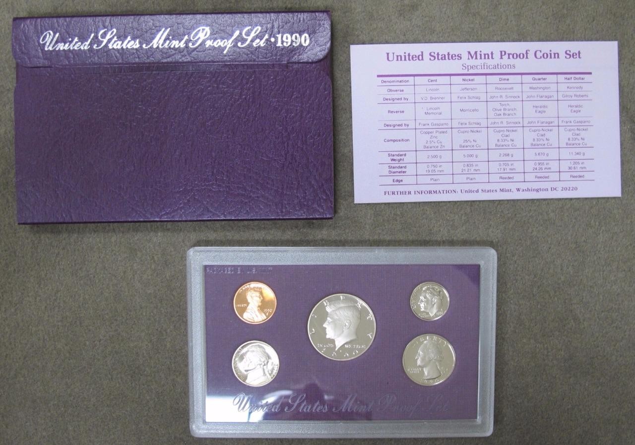 1990 Proof Set * 5 Coins * With Original Box and COA *