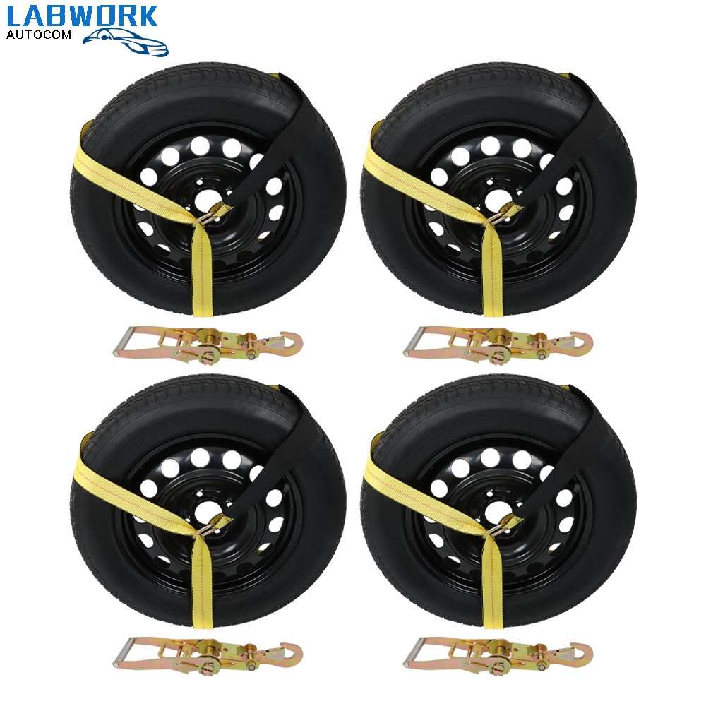 4x Car Tie Down W/ Snap Hooks Lasso Style 2"x96" Yellow 3300lb Universal Fitment