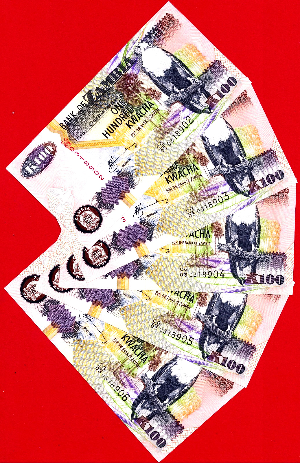 ZAMBIA 5 x 2006 UNC Notes DEALER LOT of 5 UNC Notes Sign: C.M. Fundanga (P-38f)