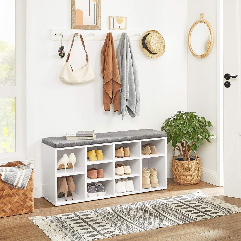 Shoe Bench with Padded Seat Storage Entryway Bench 10 Compartments Cloud White