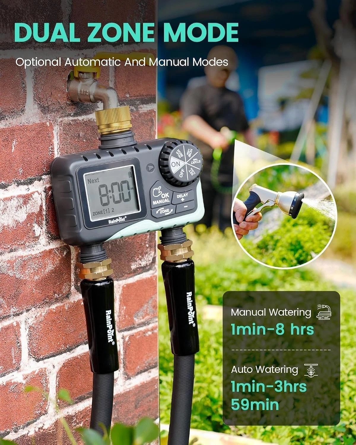 Programmable 2-Outlet Water Timer - Manual & Automatic Modes for Outdoor Use