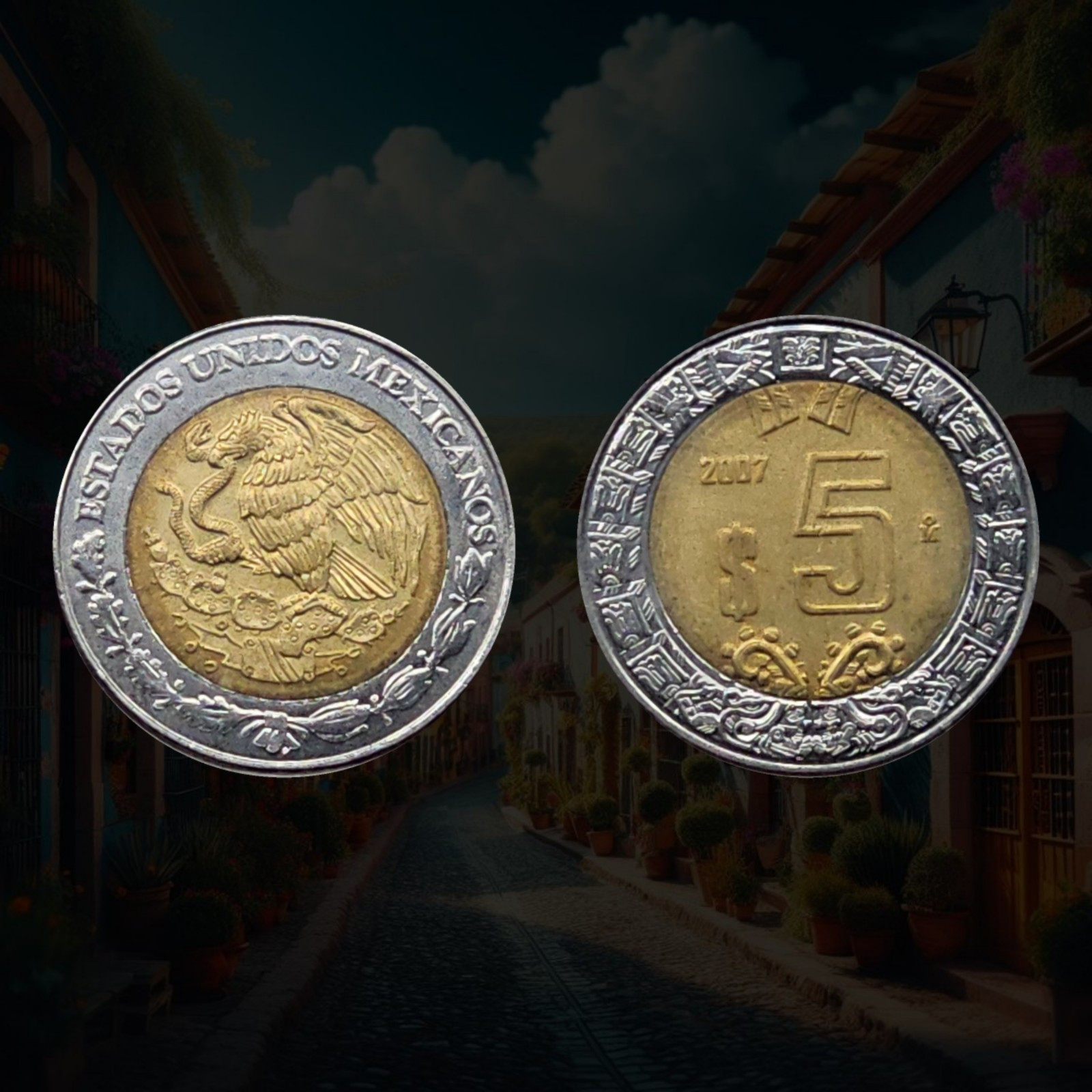 2007 Mexico 5 Pesos Coin, Ring of the Serpents of the Aztec sun stone, Arms