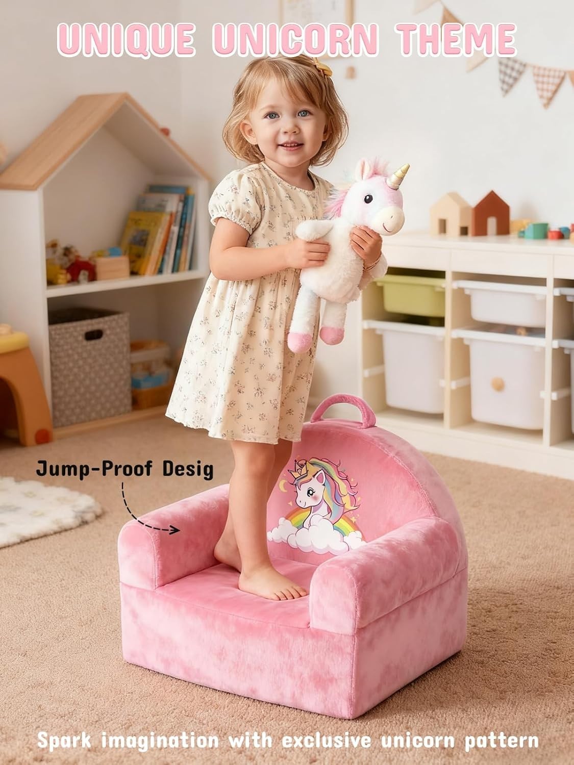 Kids Sofa Chair Pink Unicorn Toddler Chair Removable Washable Cover Cozy Velvet