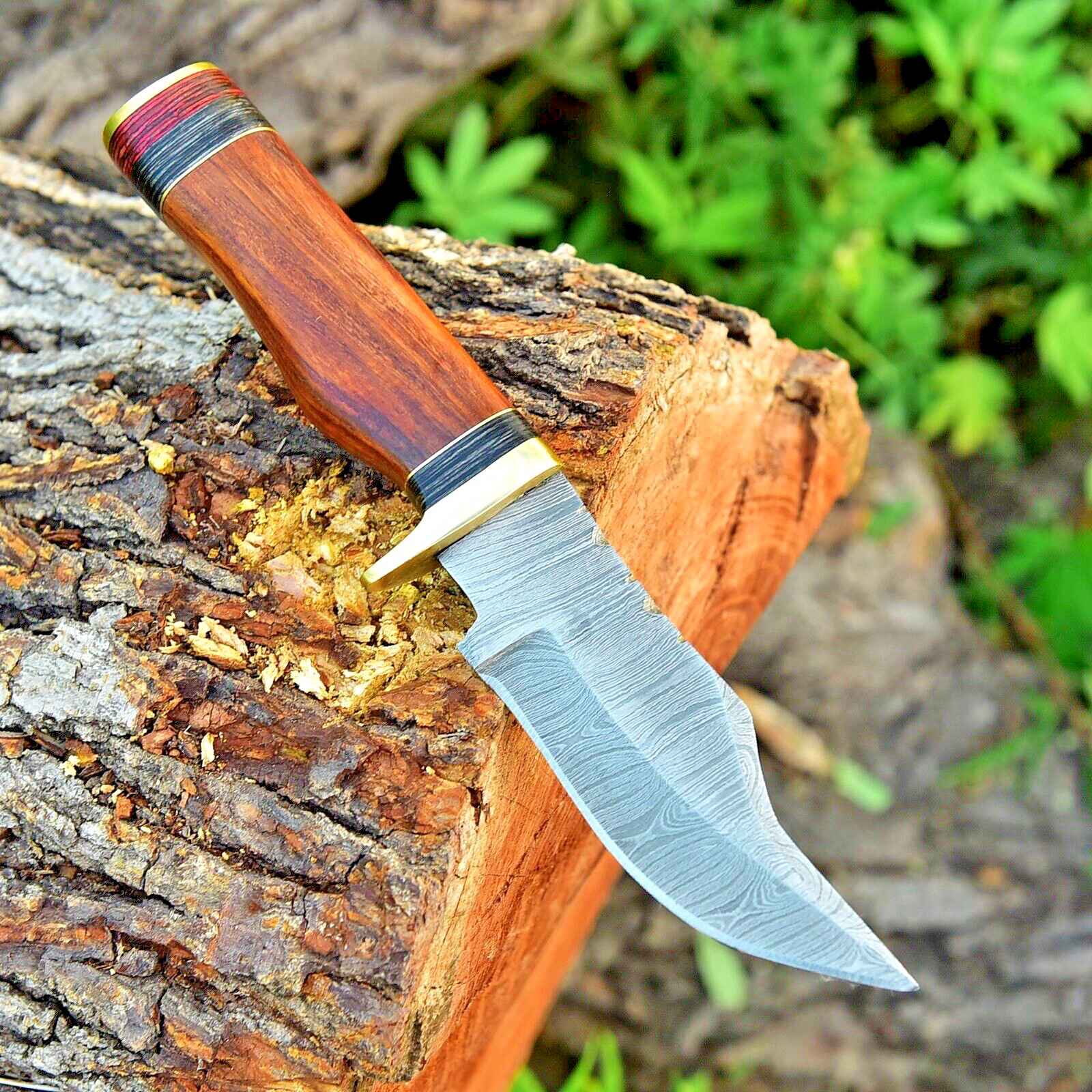 8"EDC  HANDMADE DAMASCUS KNIFE HUNTING SKINNING KNIFE WOOD HANDLE BRASS GUARD