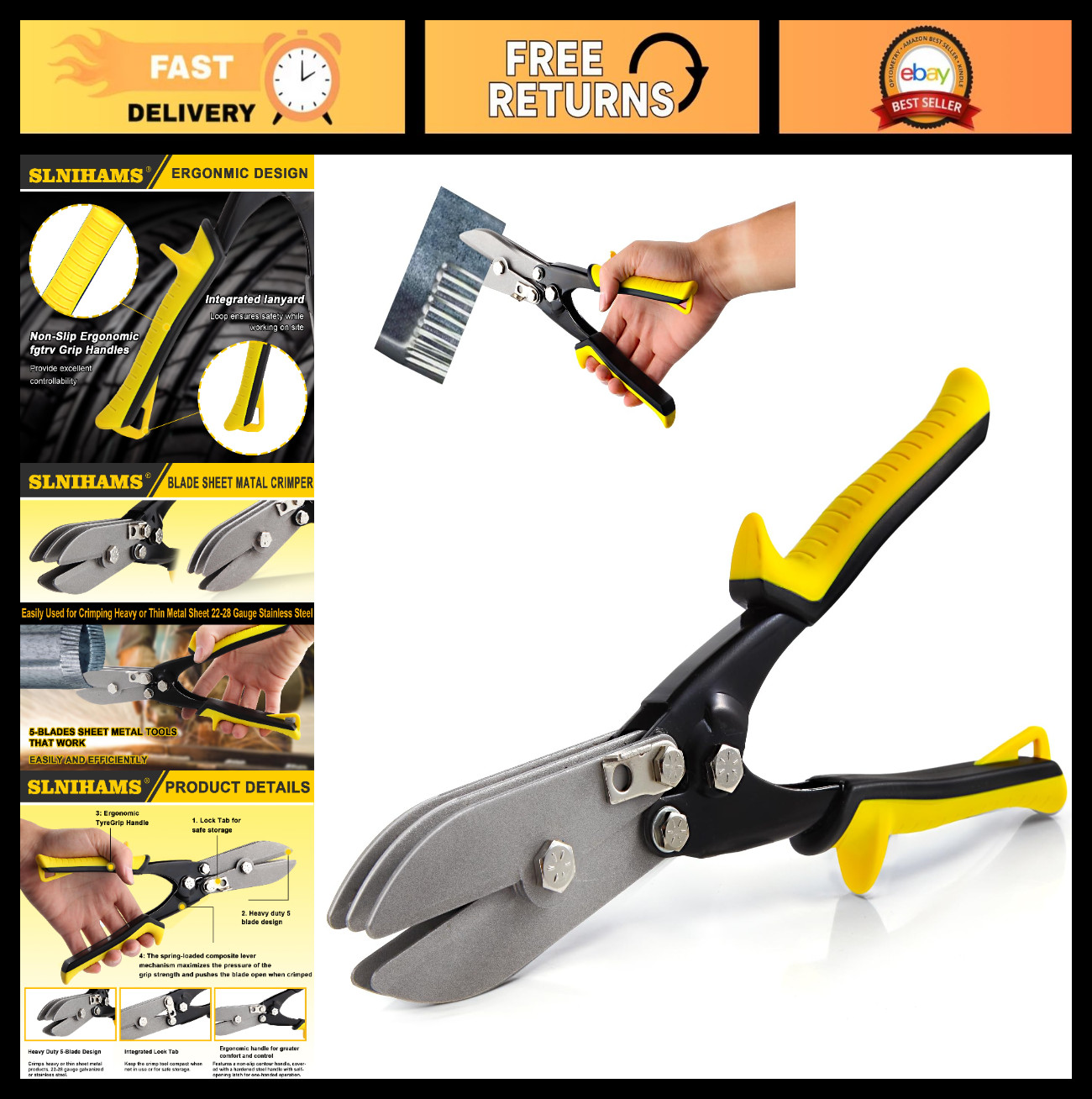 5-Blade Sheet Metal Crimper Tool for HVAC Ducts, Downspouts & Stove Pipes 10.5