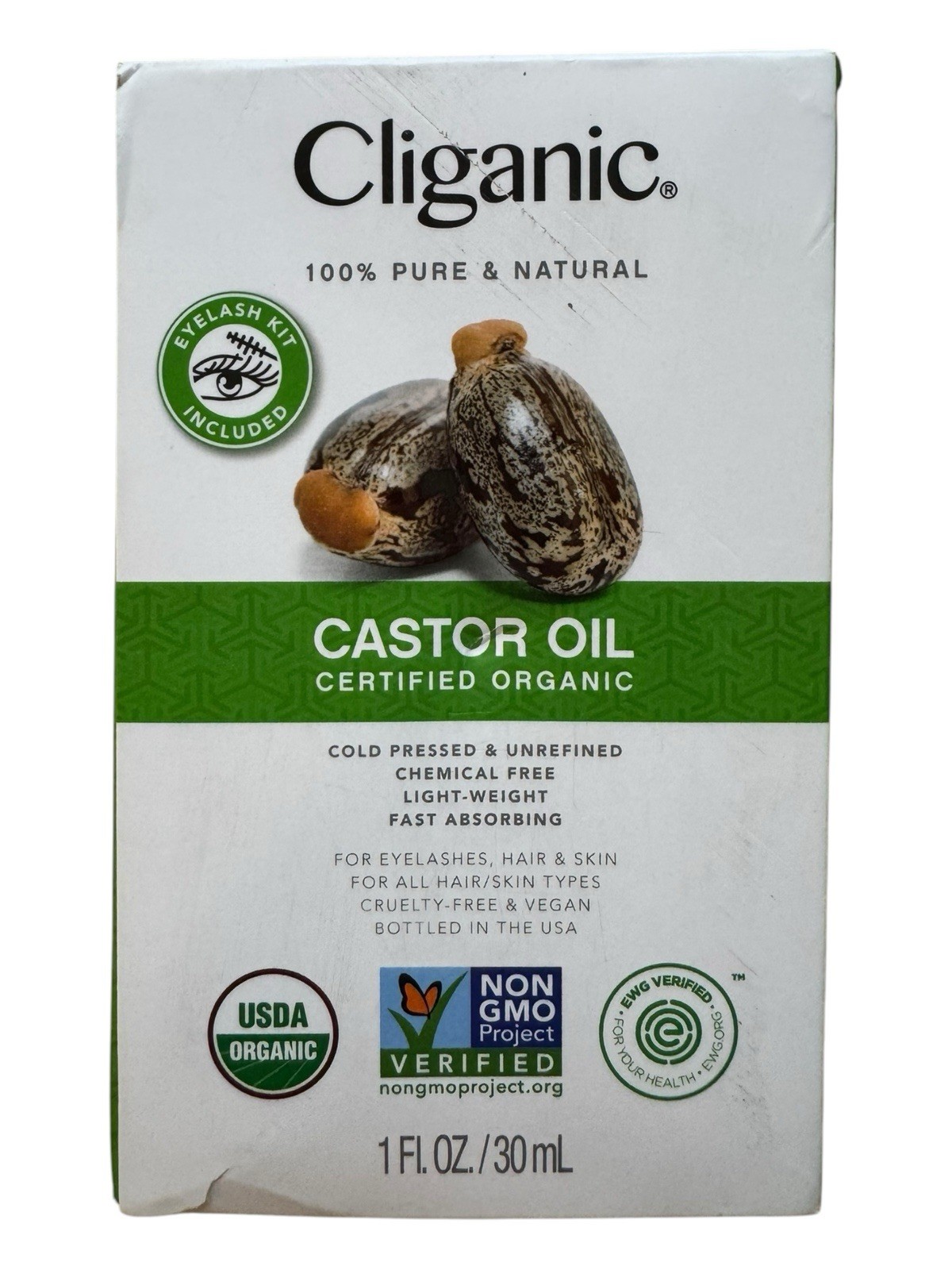 Cliganic Organic Castor Oil Eyelash Kit - 1 oz + 2 Applicators - Ex: 2/27
