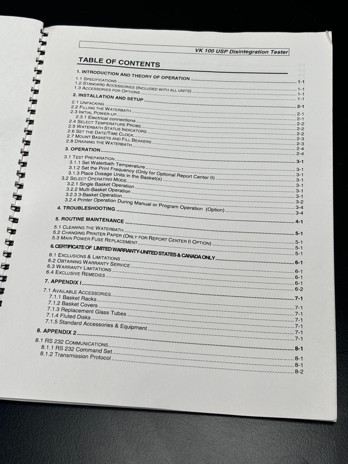 VanKel VK 100 Programmable Disintegration Tester Operator's Manual & Reference