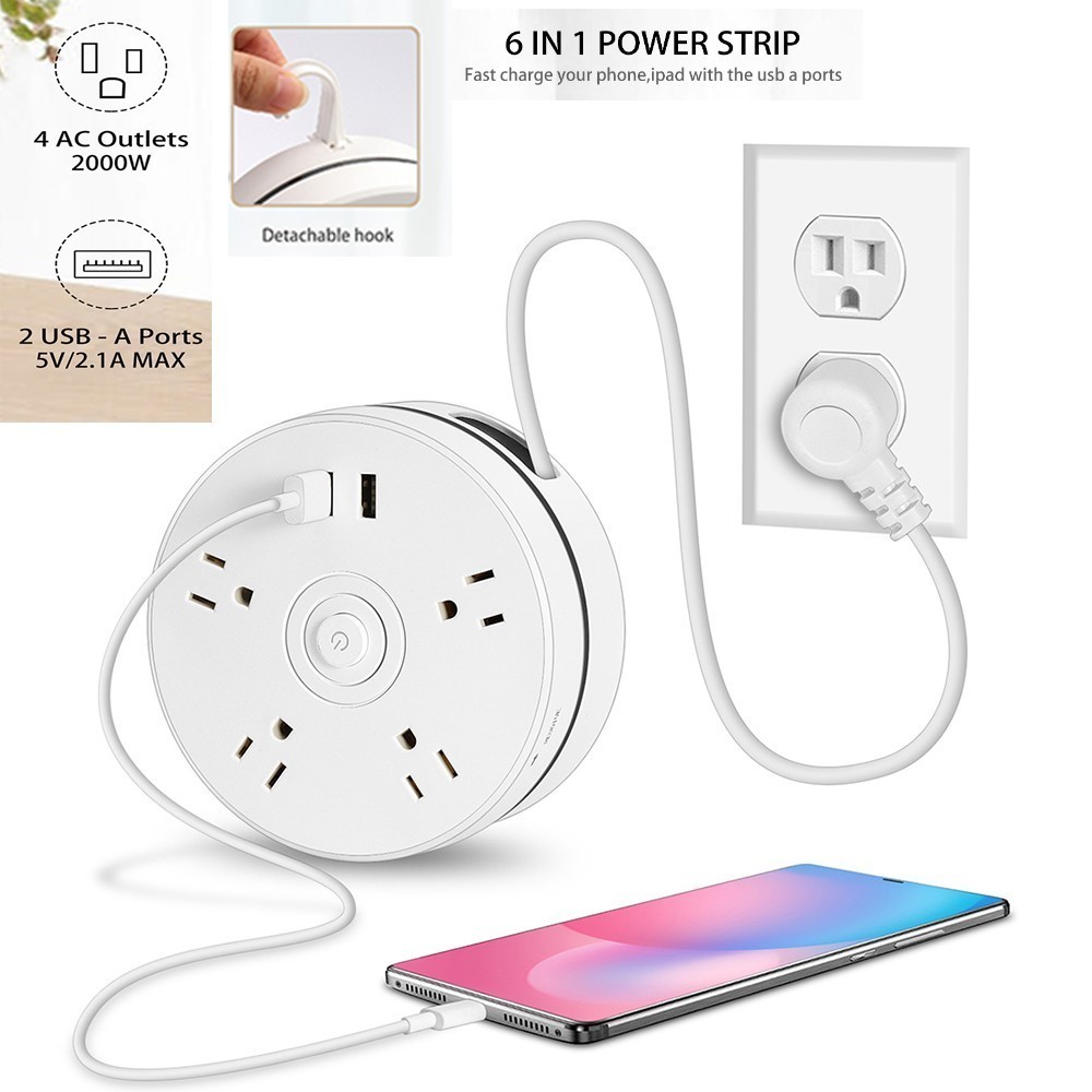 Travel Power Strip 4 Outlets 2 USB C Ports 5.91FT Extension Cord Adapter US Plug