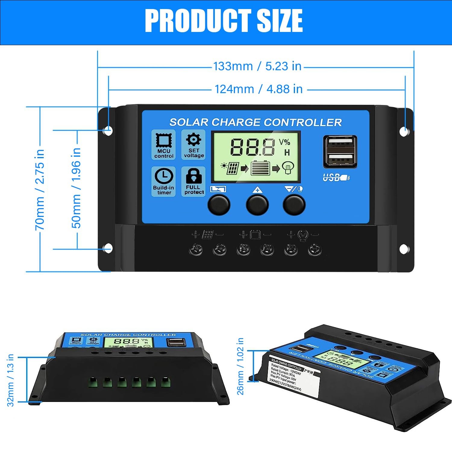 30A PWM Solar Charge Controller, 12V 24V Dual USB Solar Panel Battery Intelli...