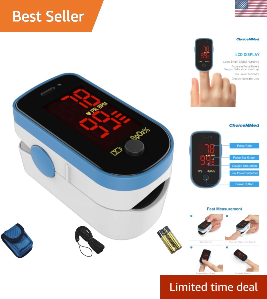 Finger Pulse Oximeter Blue Blood Oxygen Monitor with Batteries Portable SpO2 ...