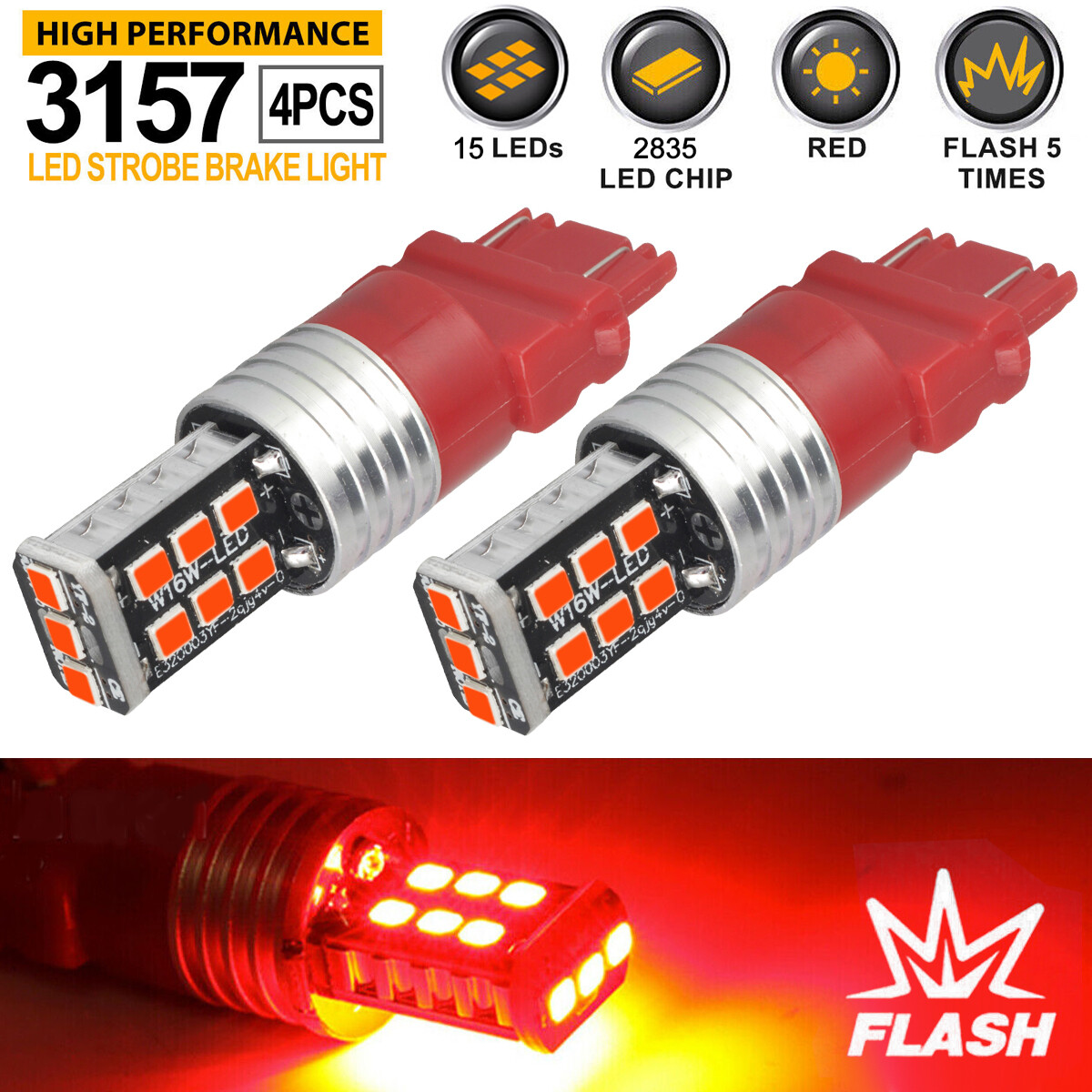 2x 3157 Red LED Bright Strobe Flash Blinking Brake Tail Stop Light/Parking Bulbs