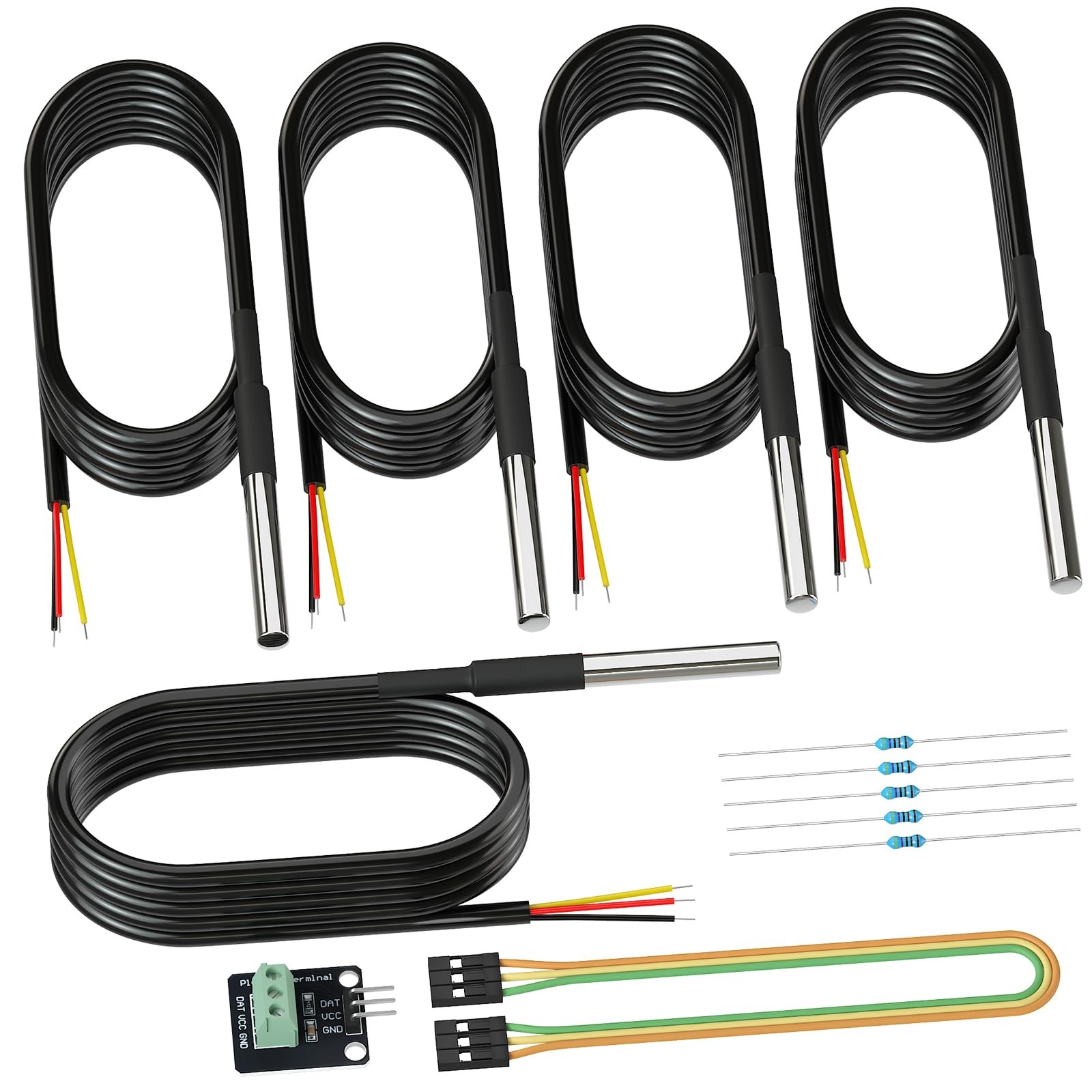 DROK 5 Pack Waterproof DS18B20 Temperature Sensor Probes with a Probe Adapter...