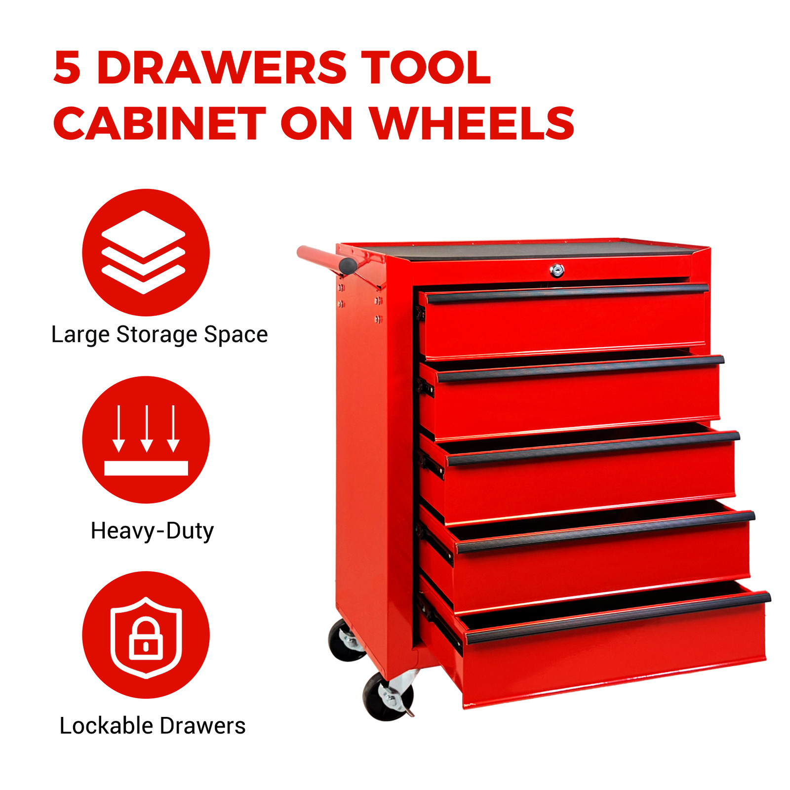 5-Drawer Tool Chest Rolling Tool Chest Portable Storage Cabinet Organizer Red