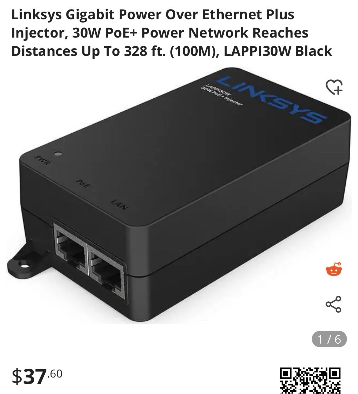 Linksys POE+ Injector 30W Up To 328’ LAPP130W (LACP130) - $38 At Major Retailers