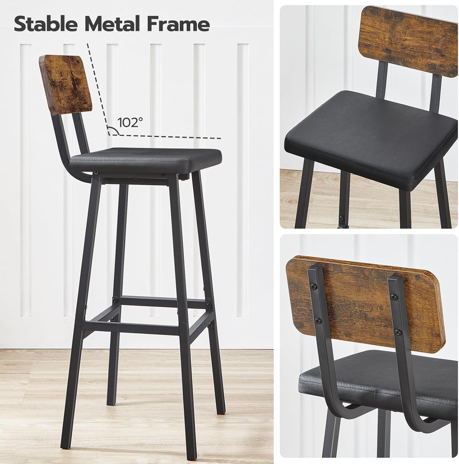 Black Bar Stools Set of 2 PU Upholstered Tall Bar Stools Kitchen Breakfast