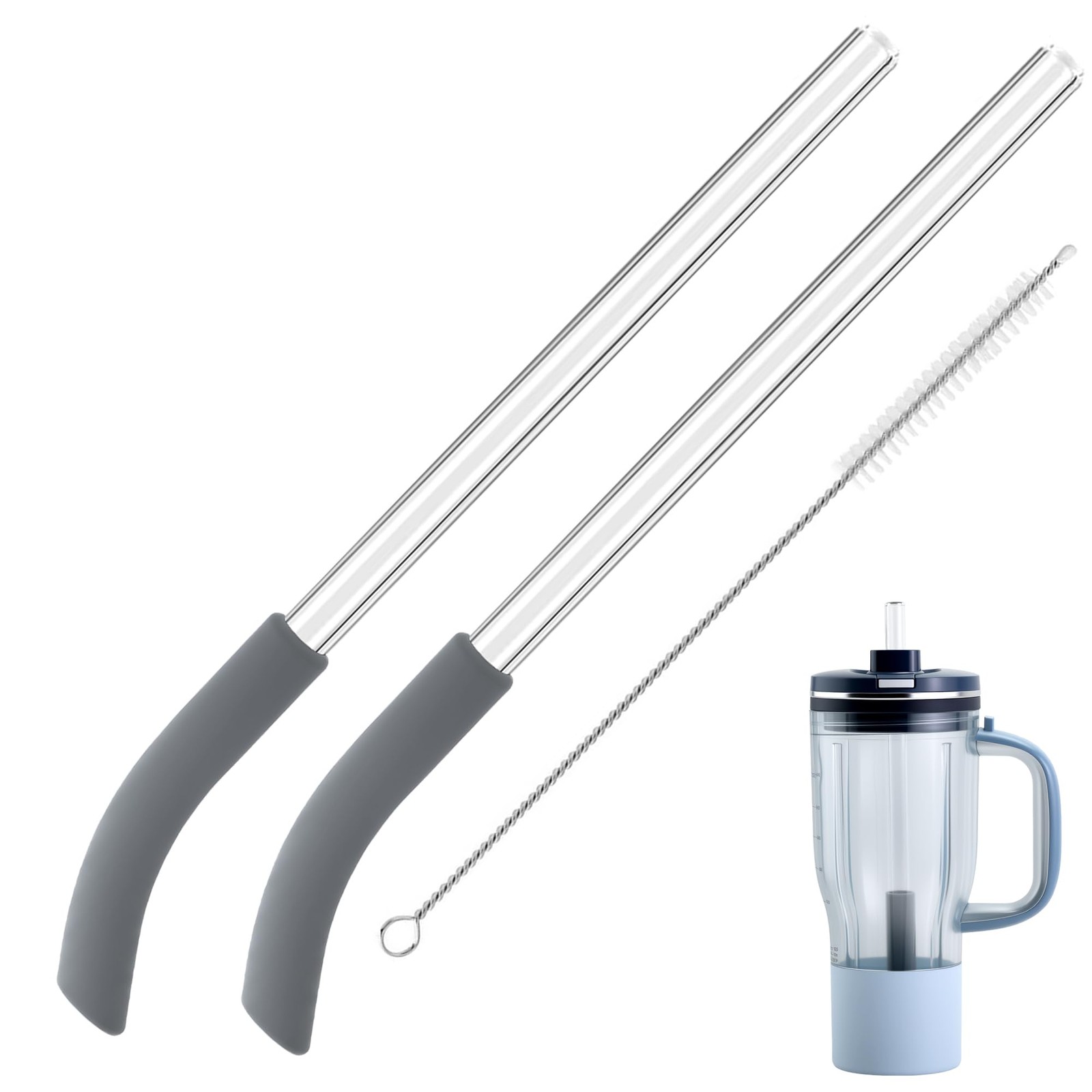 2PCS Reusable Glass Straws With Brush Compatible Smoothie Blender Replacement