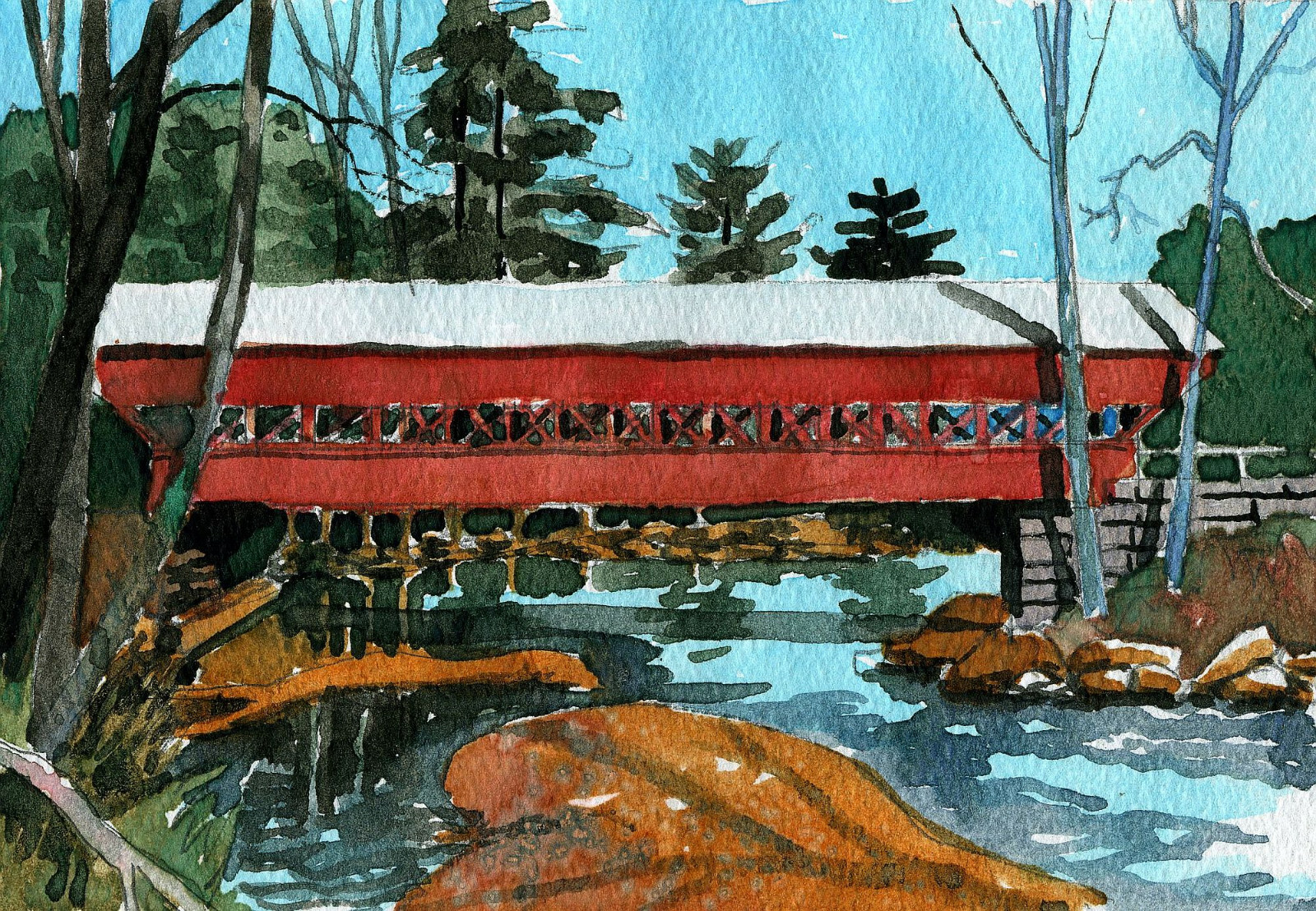 Swift River Covered Bridge, Conway NH. Colorful watercolor landscape notecards