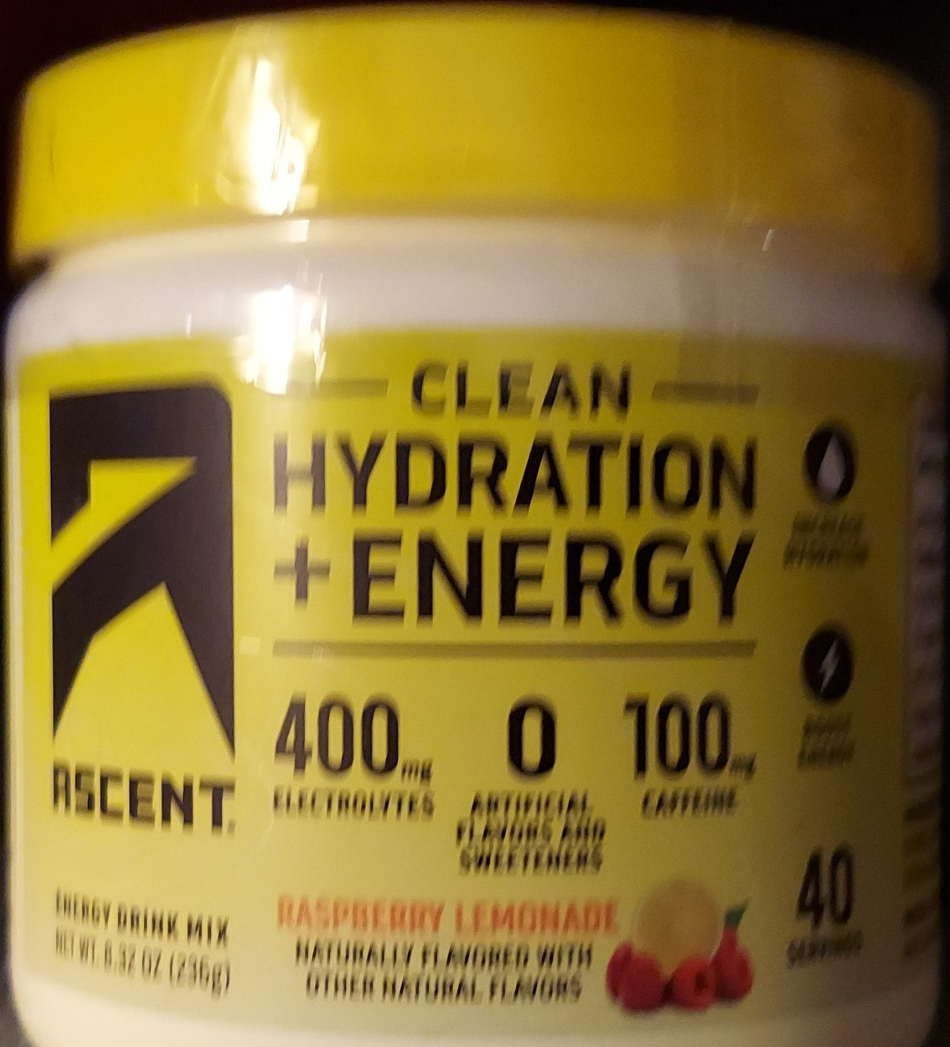 Ascent Hydration + Energy Powder Raspberry Lemonade 40 Servings 8.32oz Vegan