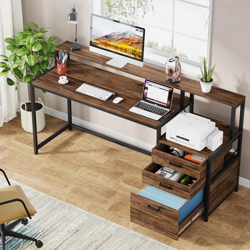 Ergonomic Computer Desk W/ Storage Cabinet Two-Tier Workstation Organizer New