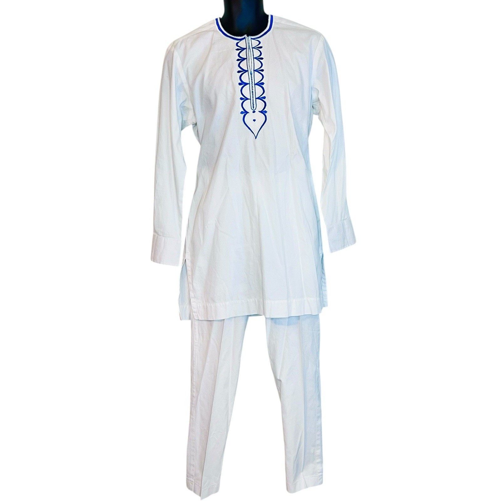African Men Two Piece White Top & Pants w/ Blue Embroidered Detail