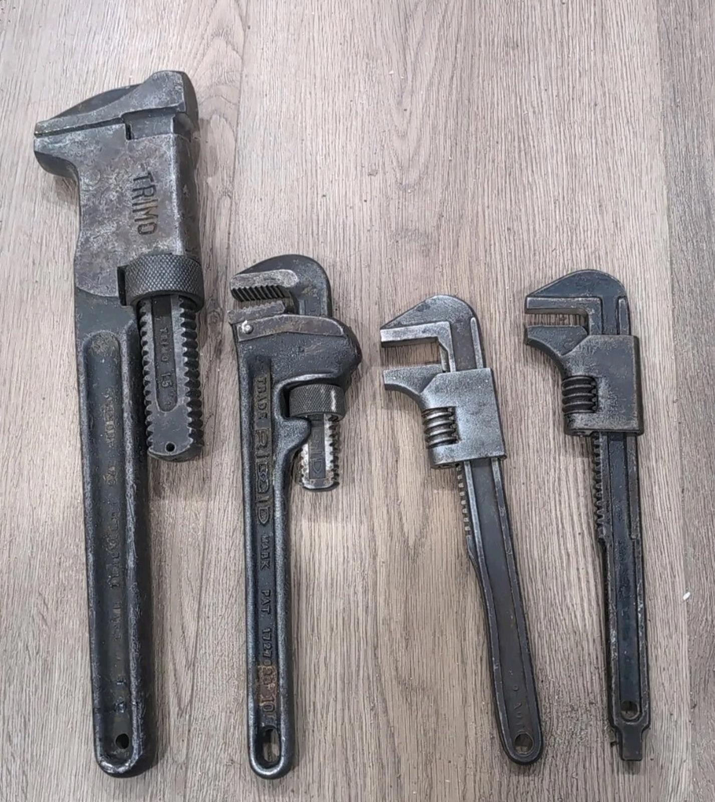 Vntg Lot (1) 15" Trimo Adj. Double Jaw Monkey/Pipe Wrenches 4 Total-Made In USA!