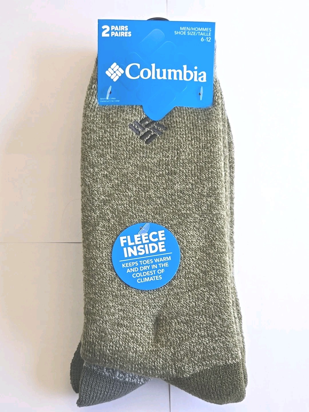 Columbia 2 Pk Gray and Green Fleece Comfort Crew  Socks  Men's Sz  6-12 NWT