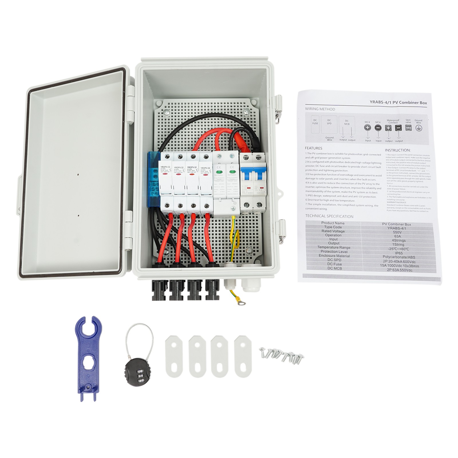4 String Solar Combiner Box PV Combiner Circuit Breaker 63A For Solar Panel Kit