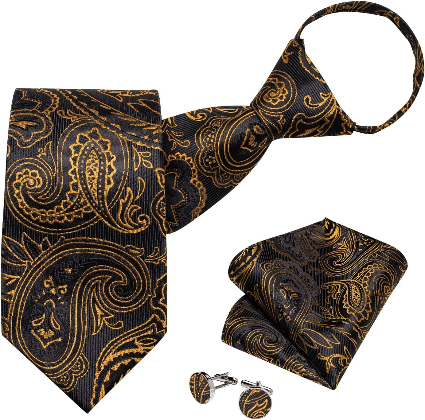 Silk Zipper Ties for Men,Paisley Solid Plaid Pre-tied Tie and Pocket Square Cuff