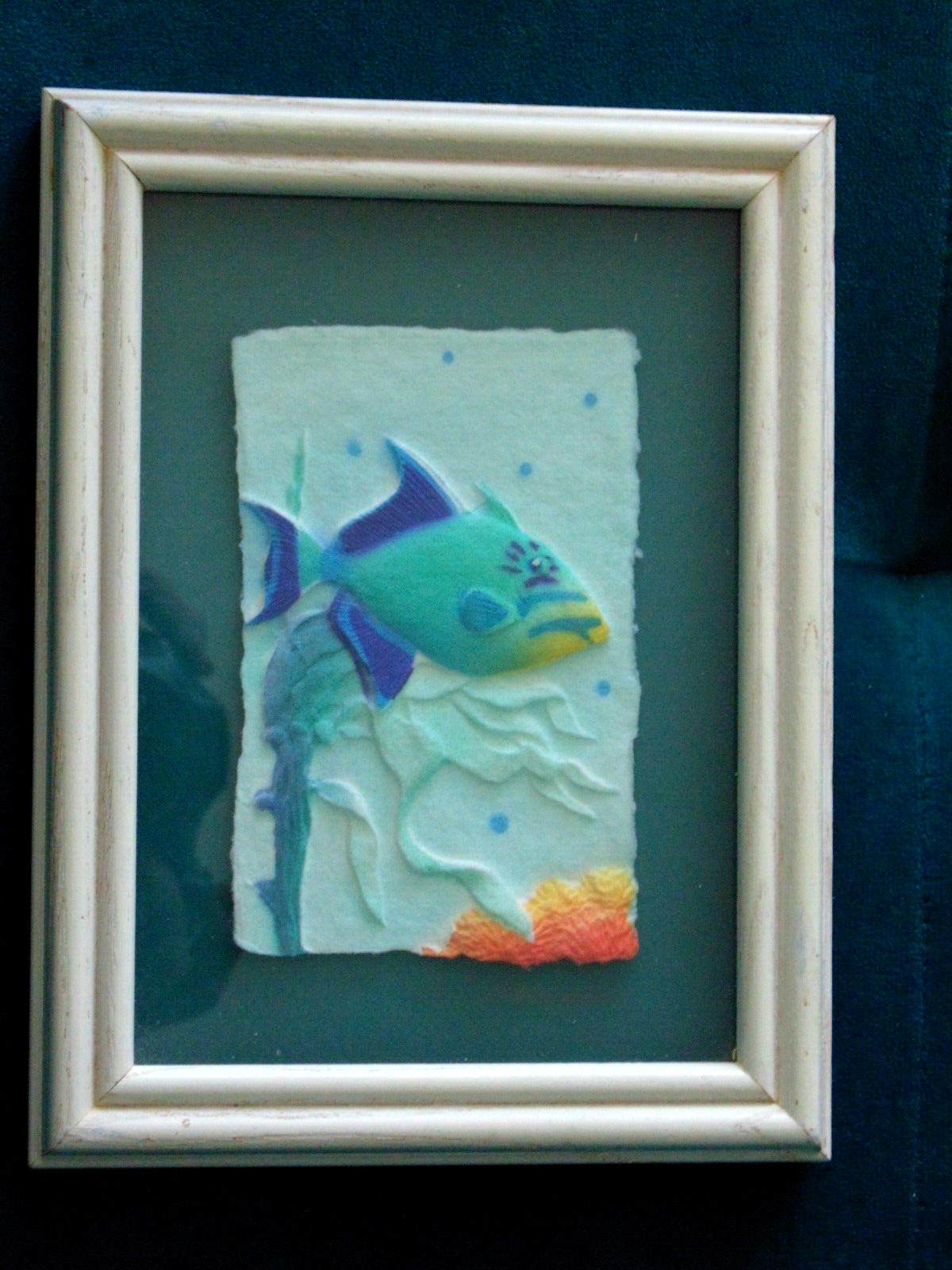 FIGI GRAPHICS Tropical Fish Paper Art Painting Framed 3D Teal Fish 6x8" Signed