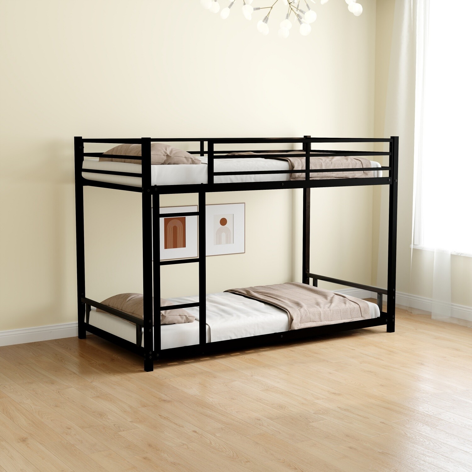 Modern Twin Over Twin Metal Bunk Bed Twin Size Metal Bed Frame with Ladder Black