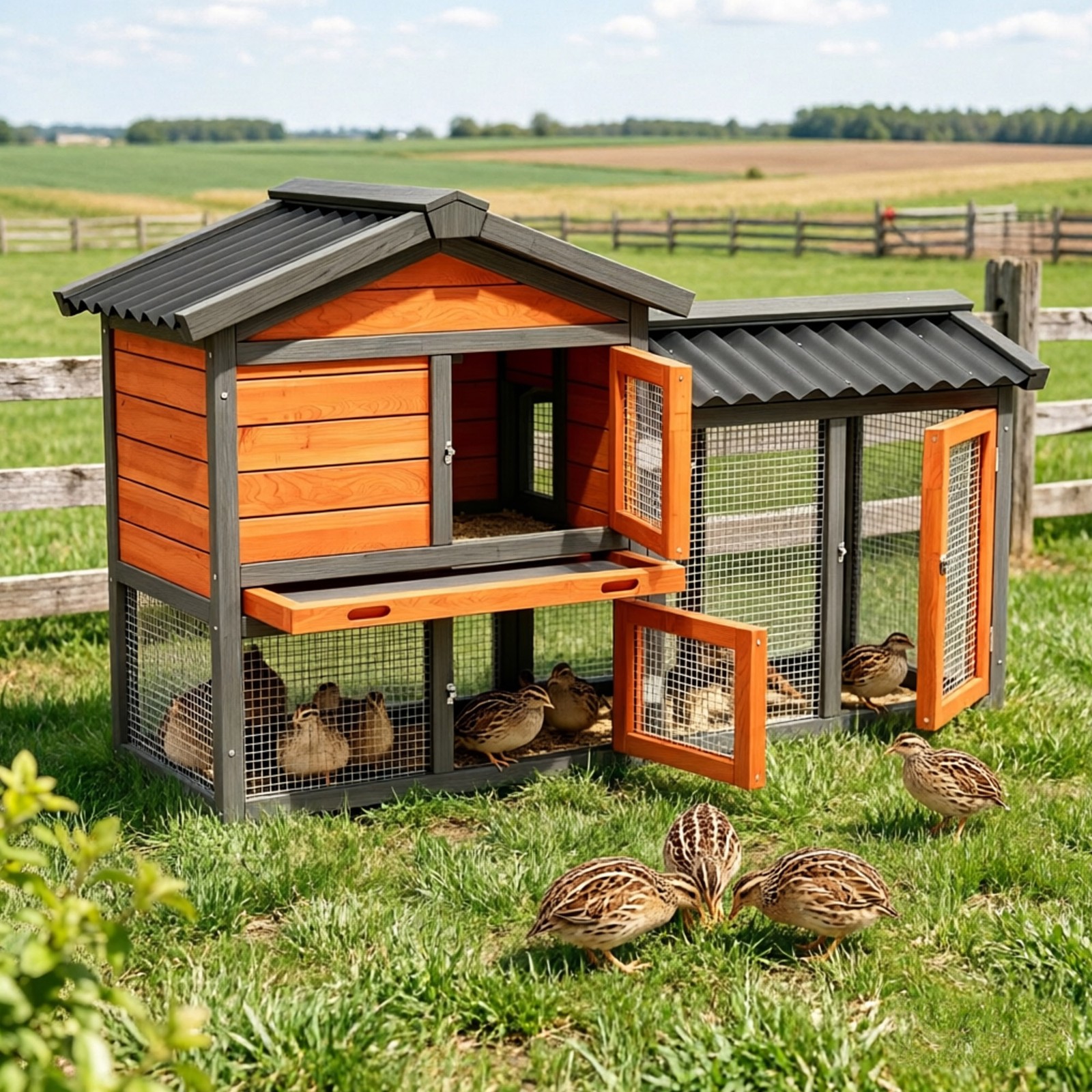 2 Story Quail Hutch, Predator Proof Cage with Wire Mesh Run, Orange with Black