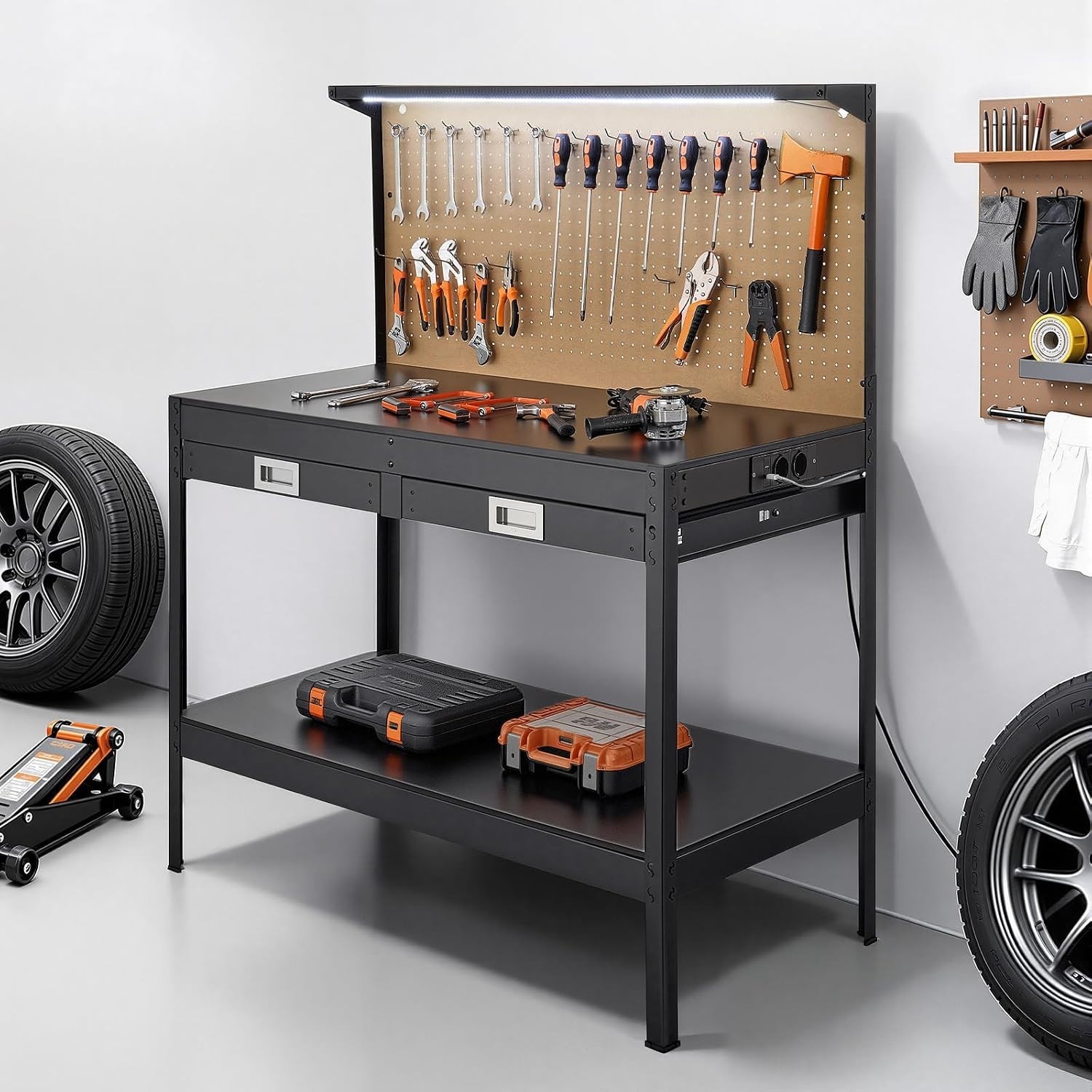 Robust 47.2-Inch Workbench with Drawers, AC Outlets & USB for Enhanced Workspace