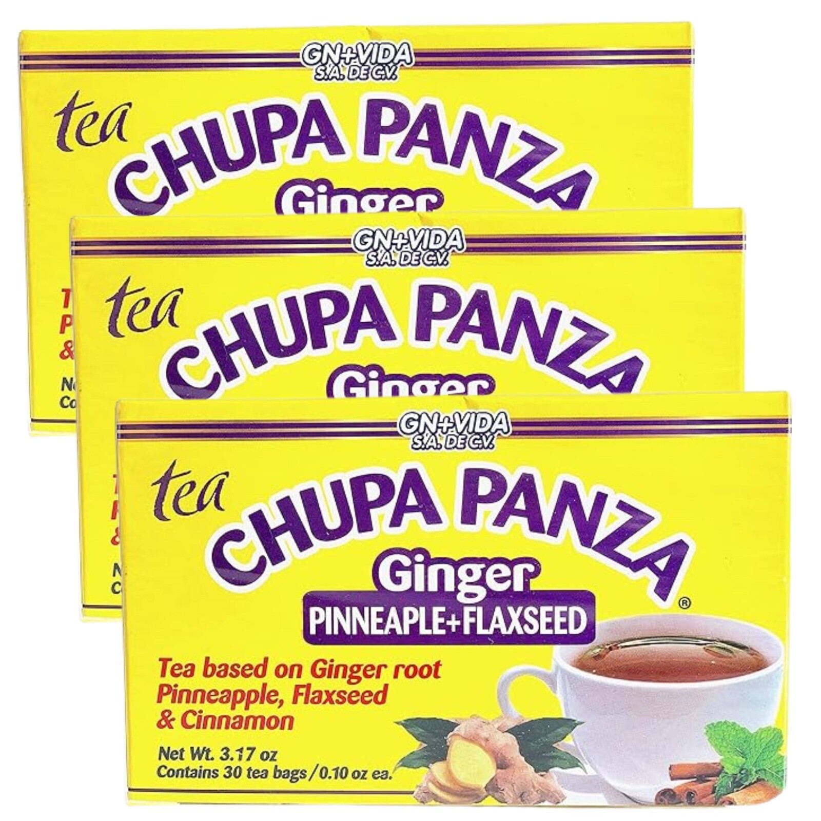 3 Pack Chupa Panza (Jengibre Pina Linaza) Ginger Cinnamon Pineapple 90 tea Bags