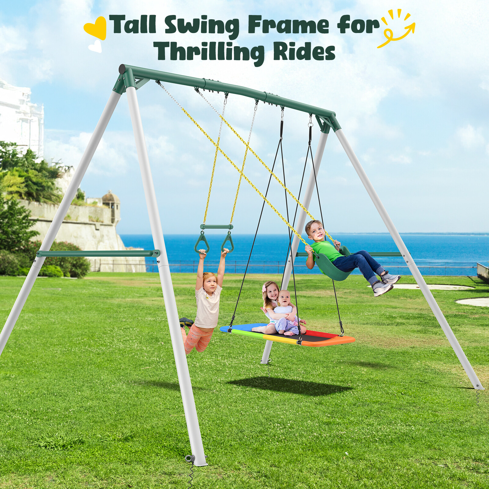 700lb 9.5ft Heavy Duty Swing Set for Backyard Kids Adult w/3 Swings, Trapeze Bar
