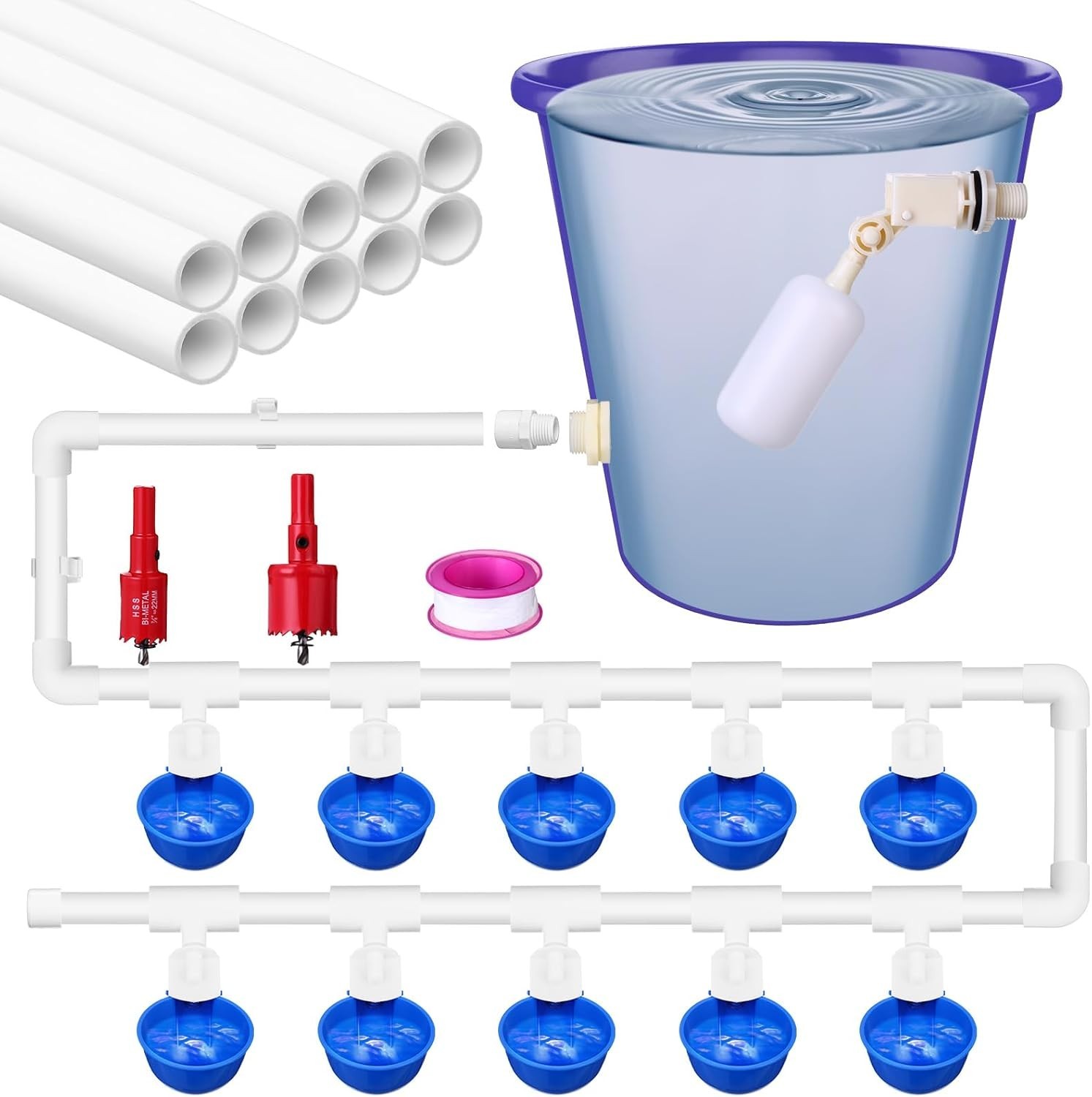 49 Pcs Automatic Chicken Waterer System Includes Chicken Water Cups 1/2" PVC Tee