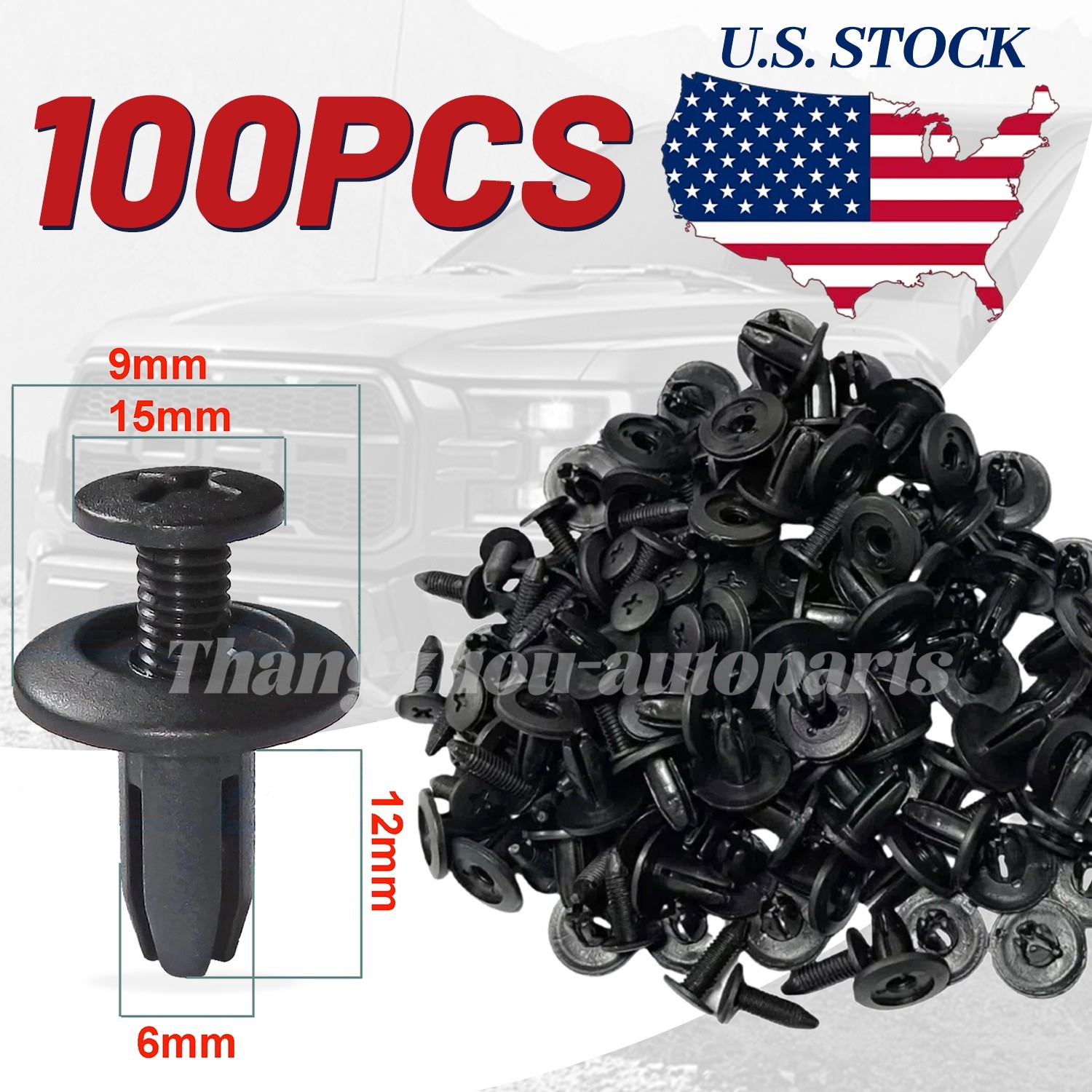100Pcs 6mm Push type Truck Car Fender Bumper Trim Fastener Clips Retainer Rivets