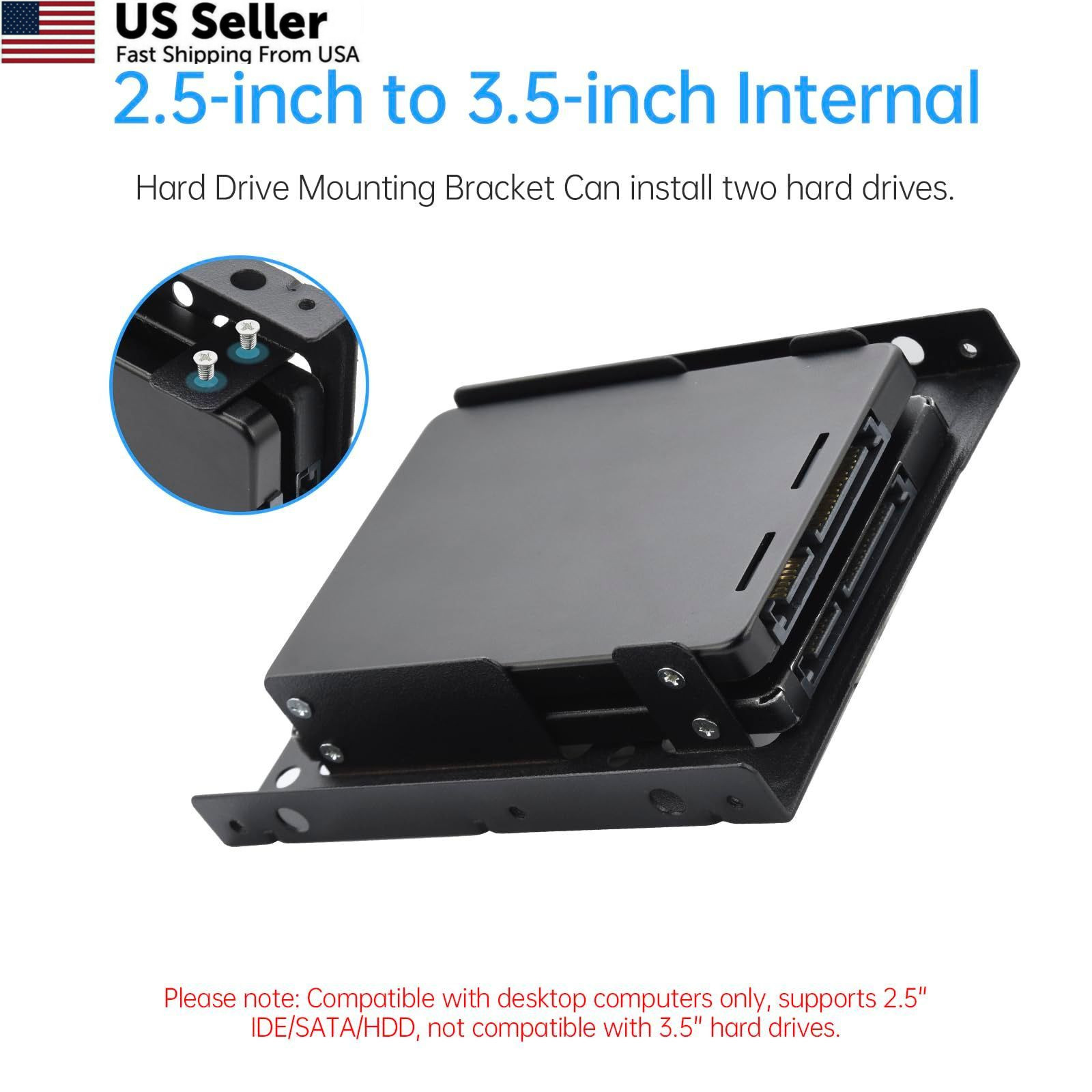 2 Pack Double-Deck SSD Mounting Bracket Adapter 2.5" to 3.5" Hard Black