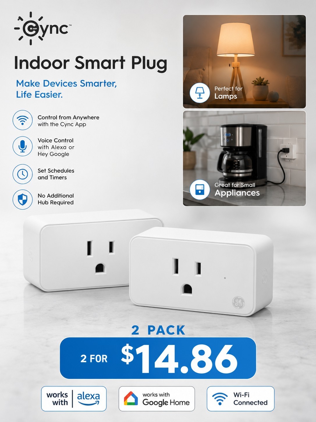 Lot Of 2 GE Cync CPLGSTDBLW1/ST1P Indoor Smart Plug 93131363