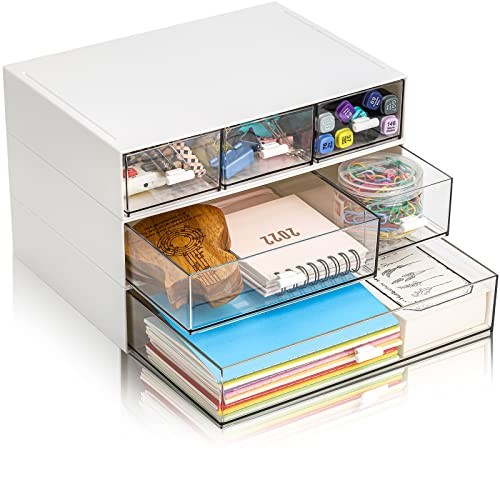 3 Tier Small Desk Organizer with Drawer, Stackable Desktop Storage Box,