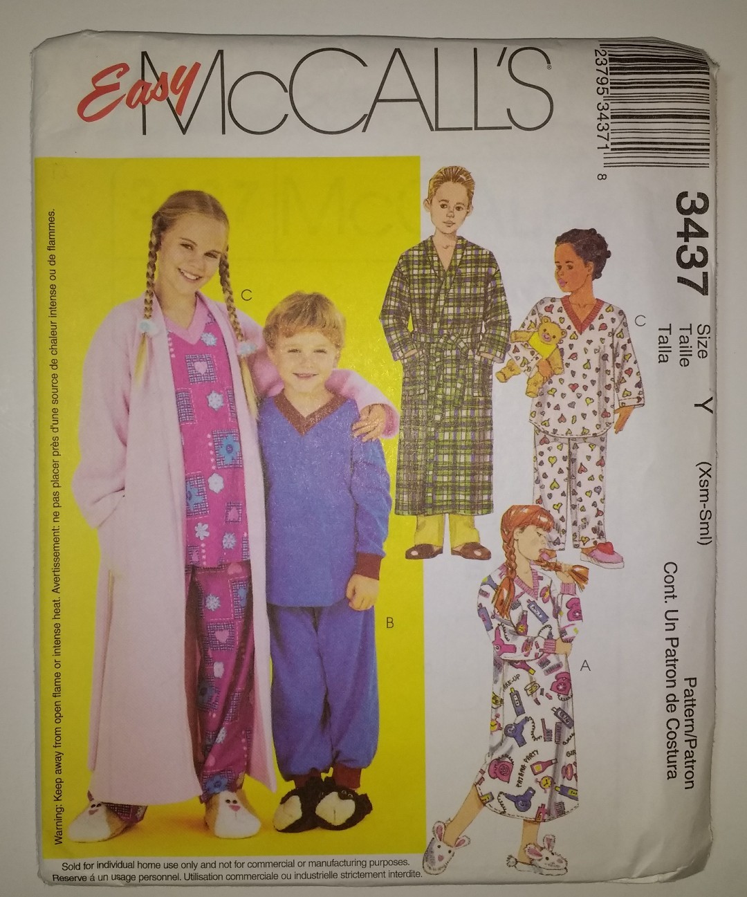 McCall's 3437 Size Xsm Sml Children's Robe Nightshirt Top Pull-on Pants