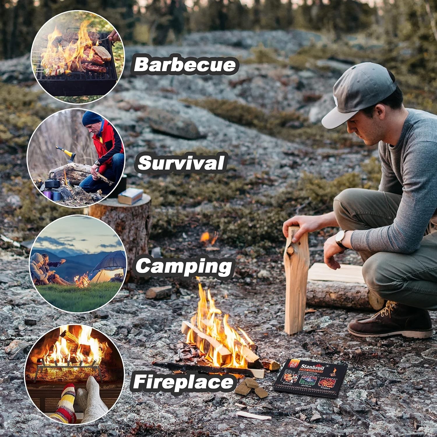 Odorless 24 Pack Fire Starters - Fast Lighting Charcoal for Smokers & Fireplaces