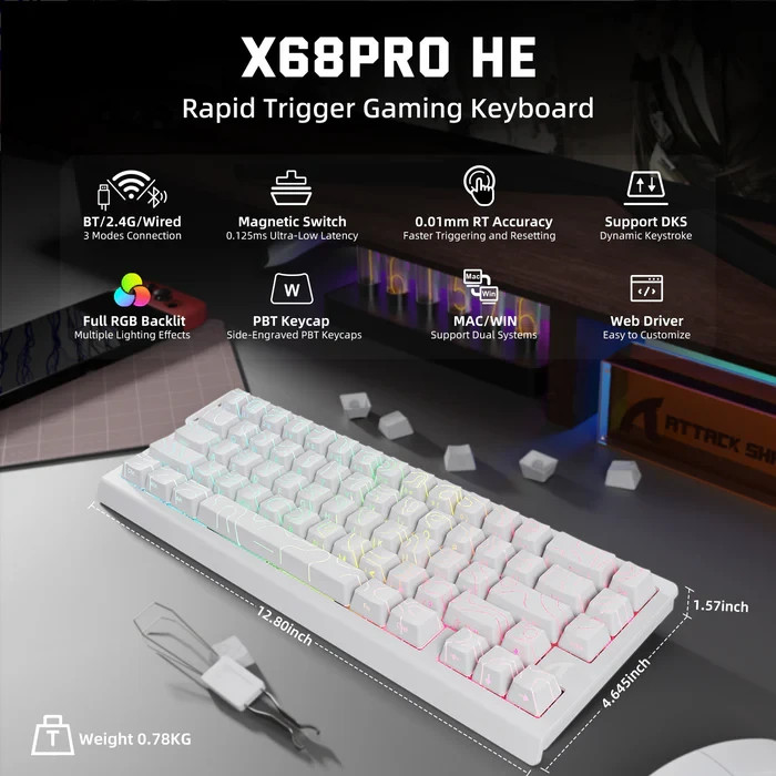ATTACK SHARK X68PRO HE Wireless Rapid Trigger Mechanical Magnetic Keyboard