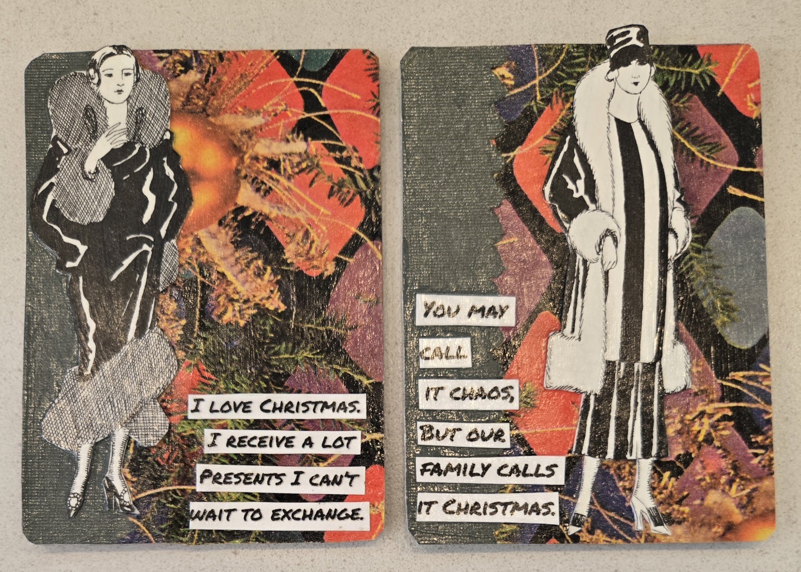 LOT OF 2 Snarky Christmas MAGNETS Mixed Media Collage Art Card ACEO ATC Chaos
