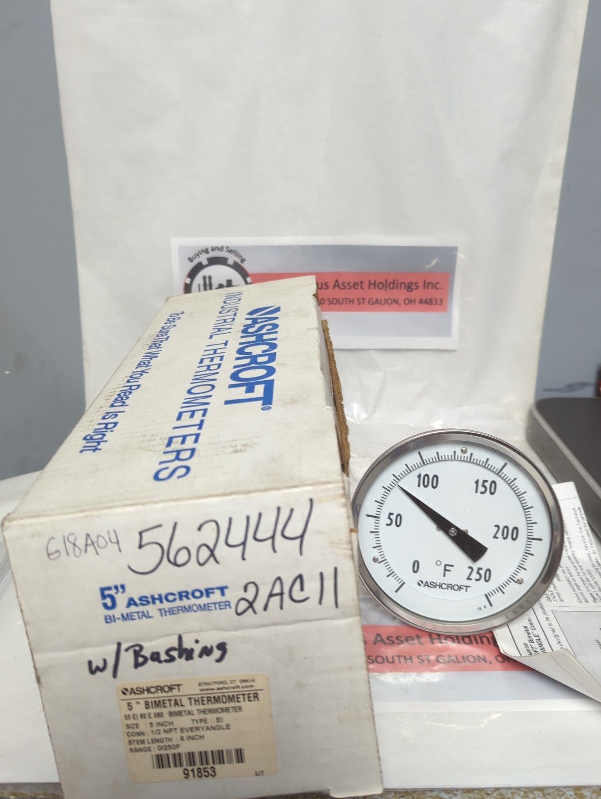 ASHCROFT,50-EI 60 E 060,BIMETAL THERMOMETER 5 INCH FACE 6 INCH STEM 1/2 INCH NPT