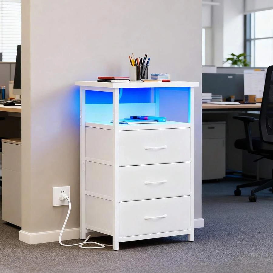 Tomnk File Cabinet Charging Station 3 Drawers Adjustable LED Light USB Ports