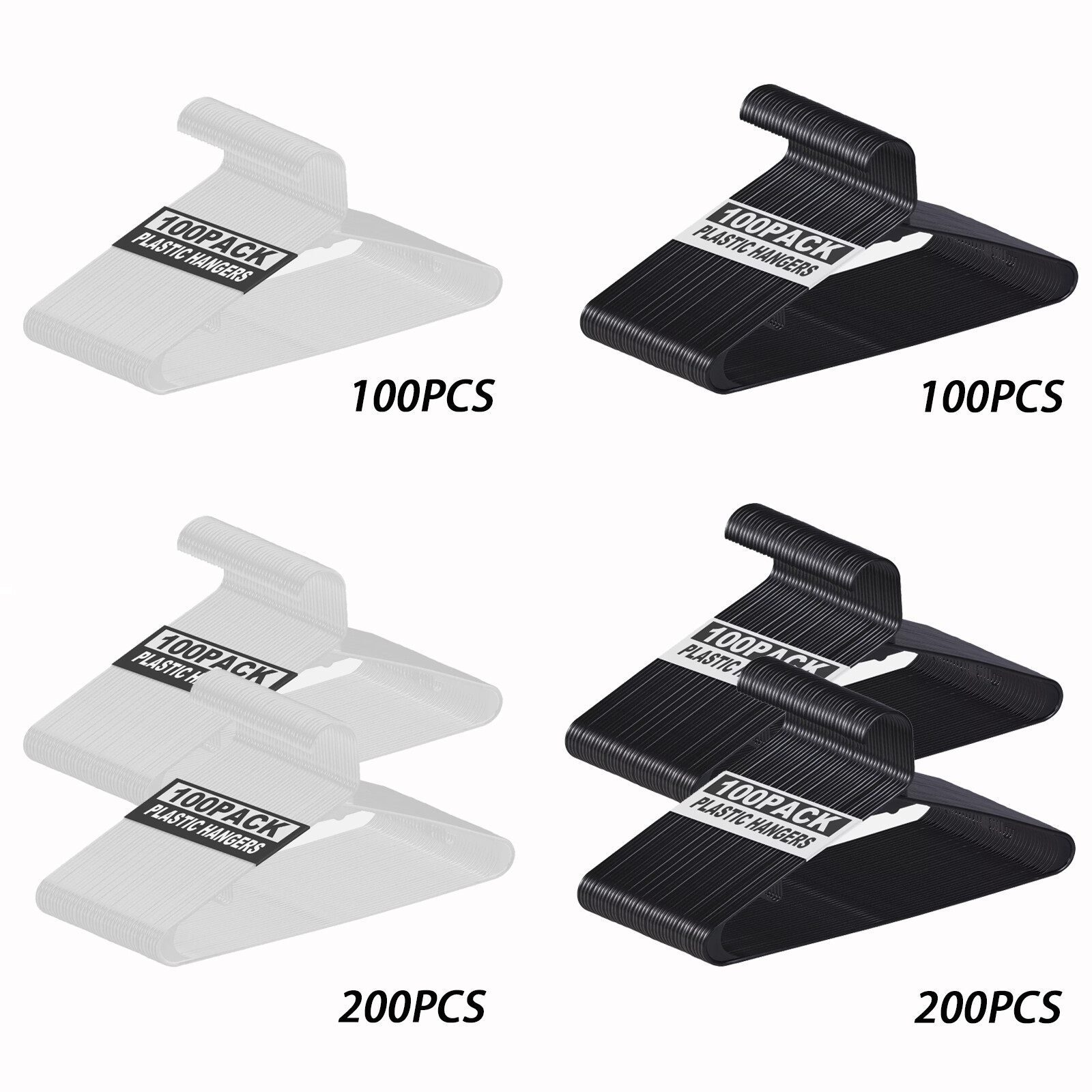 100/200 Pack Plastic Clothes Hangers Light Weight Non-Slip Hangers Black/White