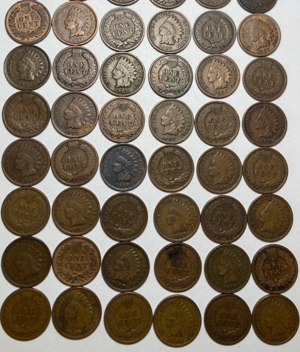 50 1907 INDIAN HEAD PENNY ROLL GOOD/BTR. /FINE CONDITION  READABLE DATES NO JUNK