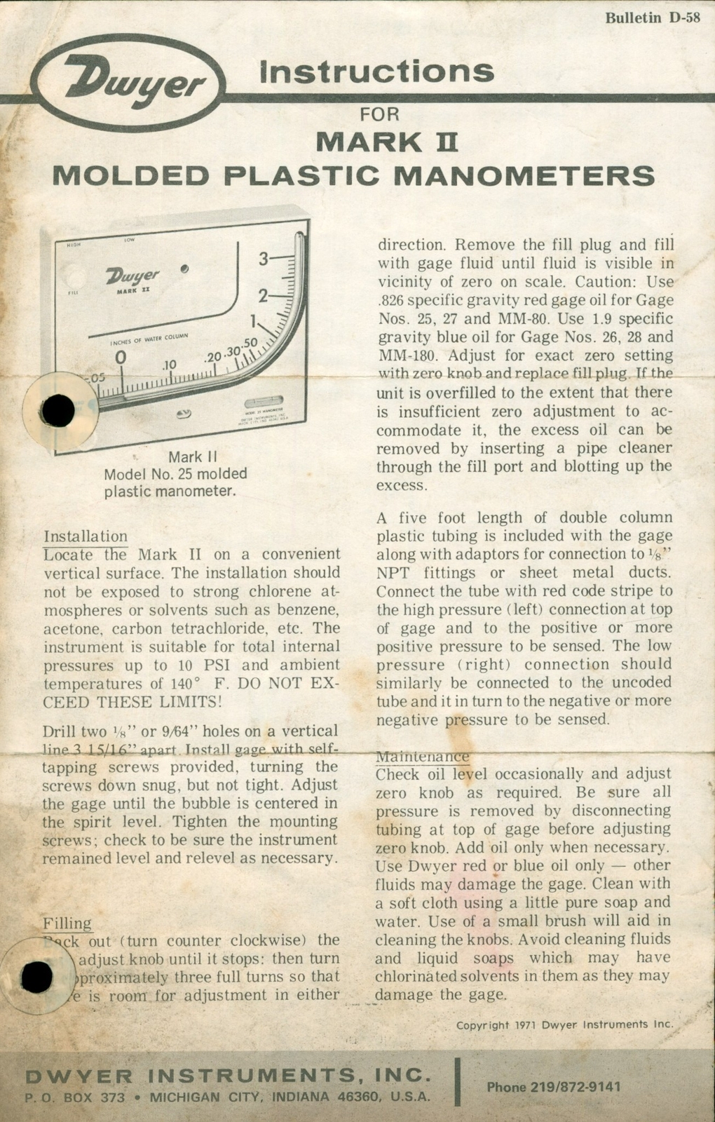 1958 Dwyer Instruments Mark II Manometers Instructions User Resource Bulletin