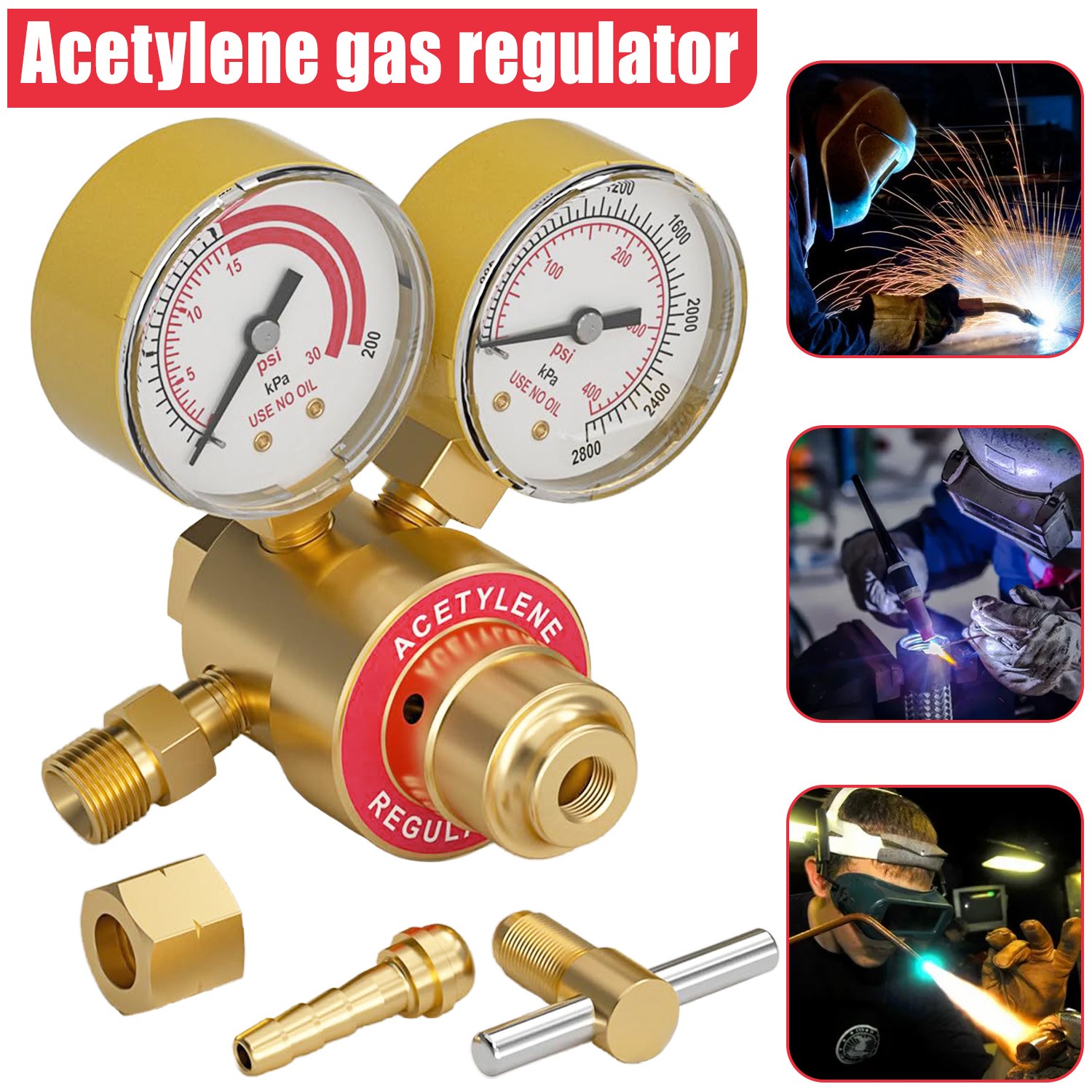 Acetylene Welding Gas Regulator CGA200 0-400PSI Precision Gauges 9/16"-18 Outlet
