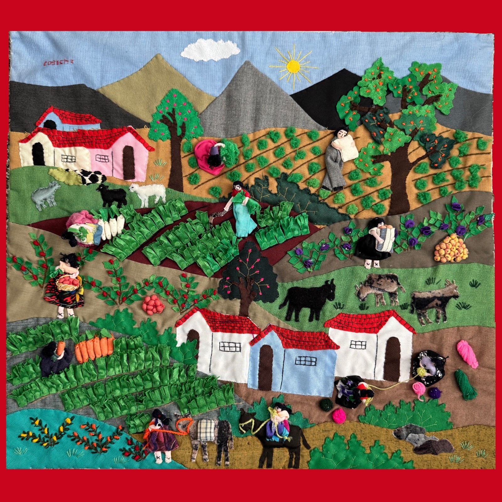 Peruvian Village Market Arpillera 3D Folk Art Wall Hanging Tapestry Folk Art 19"